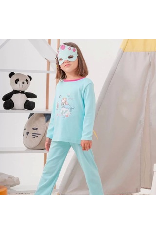 Deniz Kızı Desenli Çanta Ve Maskeli % 100 Pamuk Kız Çocuk Pijama Takımı Yeşil
