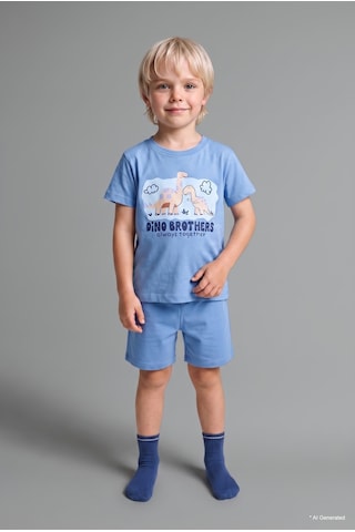 Defacto %100 Pamuk Dinozor Baskılı 2li Pijama Takımı Erkek Bebek H4034a526hsbe194 Mavi-be194
