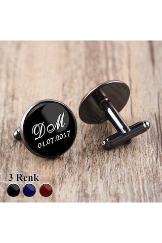Siyah Metal Damatlık Kol Düğmesi Harfli ve Tarihli Kol Düğmesi