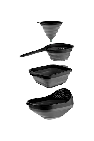 Vienev 4lü Elegant Katlanır Süzgeç Seti 1x Huni, Saplı Süzgeç, Kare Süzgeç, Pirinç Süzgeci Siyah