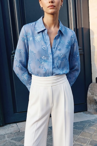 Sateen Çizgi Ve Çiçek Desenli Gömlek - Mavi-137460