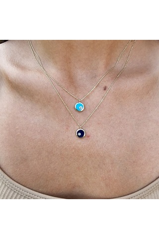 Ala Turkuaz Firuze Mineli Nazar Boncuğu Göz Tasarım Taşsız Modern Hediye Tarz 14 Ayar Altın Kolye