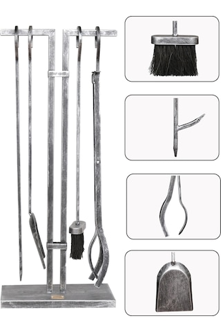 5 Li Lüx Ithal Antik Gümüş Patinalı Şömine - Soba Maşa Takımı Aksesuar Seti