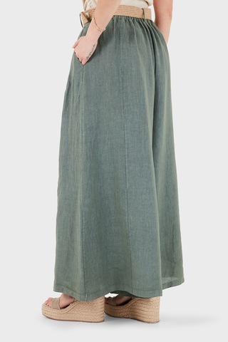 Via Dante Relaxed Fit Yüksek Bel Bol Paça Keten Pantolon Bayan Pantolon 7544 Haki