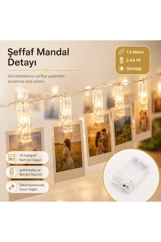 Led Işıklı Fotoğraf Asma Mandalları Pilli Animasyonlu 10 lu 1,5 Metre Zincir Dekoratif Aydınlatma
