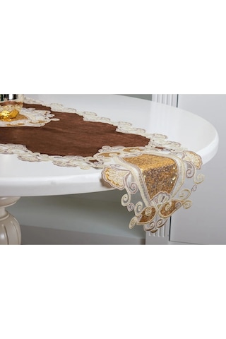 Aydan Aplikeli Güpürlü Kadife Kahverengi Salon Takımı 5 Parça 50 X 140 Cm 1451 Kahve