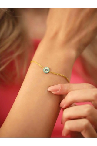 Brezza Lusso Jewelry 925 Ayar Gümüş Firuze Taşlı Nazar Gözlü Altın Kaplama Kadın Bileklik 48500088