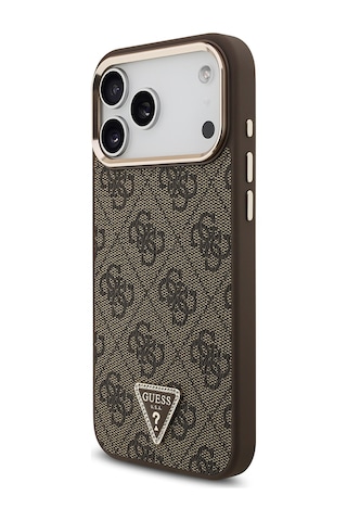 Apple Uyumlu iPhone 17 Pro Max Kılıf Guess Lisanslı M-safeli Taşlı Üçgen Logo 4g Desenli Kapak Kahverengi Kahverengi