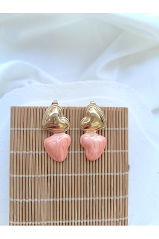 Çelik İkili Kalpli Pembe Küpe Altın - Pembe