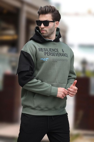 Madmext Haki Kapüşonlu Cep Detaylı Baskılı Erkek Sweatshirt 7058-haki Haki