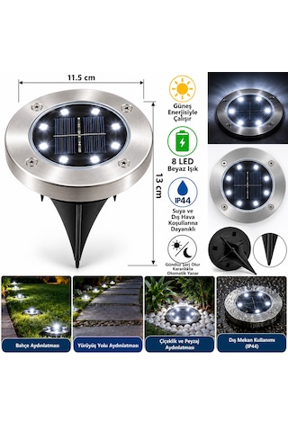 Güneş Enerjili Led Çim Spotu 8 Led Beyaz Işık Ip44 Bahçe Ve Yürüyüş Yolu Aydınlatması Krom