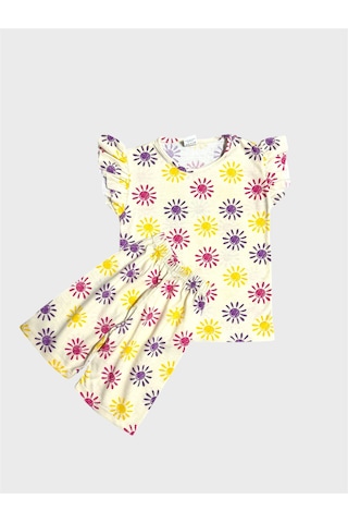 Aliş Kids Kız Çocuk Pamuklu Sarı Güneş Desenli Kolları Fırfırlı Şortlu Yazlık Pijama Takımı