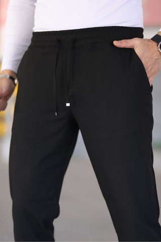 Bürke Erkek Siyah Renk Beli Lastikli Bağcıklı Esnek Fitted Jogger Pantolon Kumaş Pantolon