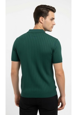 Erkek Polo Yaka Slim Fit Triko Tişört Dikey Çizgili Modern Yazlık Triko Yeşil