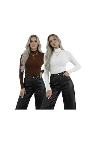 Hashtag Kadın Balıkçı Yaka Uzun Kollu Body 2'li Set Viskon Kumaş Kahverengi Beyaz