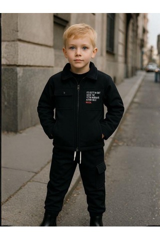 Zekids Erkek Çocuk Scuba Kumaş İçi Şardonlu Beli Paçası Lastikli Kargo Pantolon-16322 Siyah