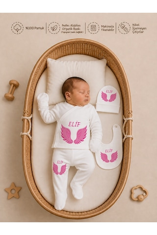 Pia Baby Yeni Doğan Kız Bebek 4 Parça Hastane Çıkışı Seti %100 Pamuk Kişiye Özel İsimli Battaniyeli Tulum Set 2055bt3x Ekru