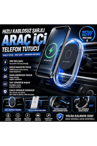 Hızlı Şarj Destekli Kablosuz Şarj Özellikli Araç İçi Havalandırma Telefon Tutucu Tüm Araçlara