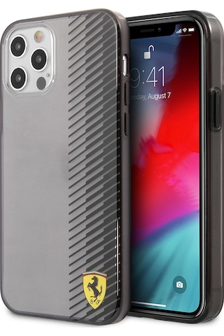 Apple Uyumlu iPhone 12 Pro Max Kılıf Ferrari Lisanlı Klasik Metal Logolu Transparan Çizgi Desenli Gradient Siyah