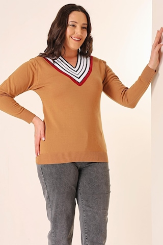 Şeritli V Yaka Büyük Beden Triko Kazak-35336-vizon Vizon