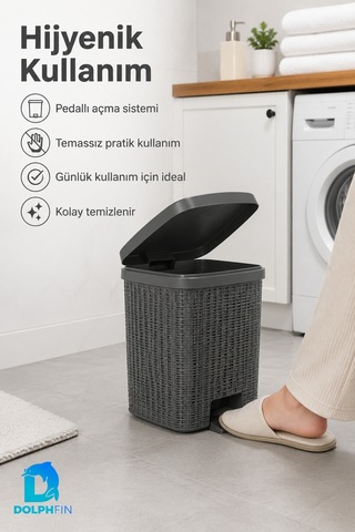 Jute Pedallı Çöp Kovası Kapaklı Banyo Mutfak Wc Ofis Atık Kovası 23x23x26 Cm Siyah