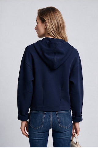 Bsb Kadın Kapüşonlu Fermuarlı Kısa Sweatshirt Hırka Kristal Taş İşlemeli İpli Mavi