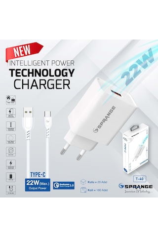 Sprange T-40 22w Usb-a Başlık - Type-c Data & Şarj Usb Kablo Type-C 3.0A Hızlı Şarj Başlığı+Kablo