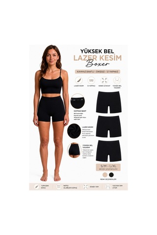 Westicgiyim Yüksek Bel Lazer Kesim Kadın Boxer Dikişsiz İz Yapmaz Kaymaz Bantl Siyah