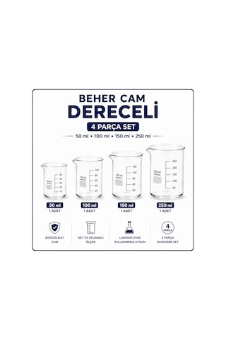 Beher Cam Dereceli 50 Ml 1 Adet, 100 Ml 1 Adet, 150 Ml 1 Adet, 250 Ml 1 Adet 4 Parça Set