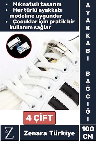 Zenara Tüm Yaşlar İçin Şık Klipsli Manyetik Lastikli Pratik Mıknatıslı Çocuk Ayakkabı Bağcığı 100 Cm-4 Çift Çok Renkli