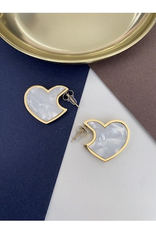 Mineli Kalp Çelik Kararmaz Küpe Çifti Altın