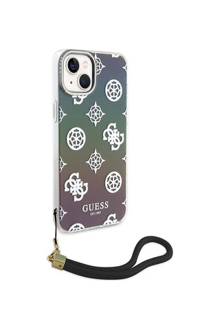 Apple Uyumlu iPhone 15 Kılıf Guess Lisanslı Desenli Yazı Logolu Askı İpli Holografik Glitter Peony Siyah