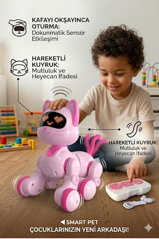 Ucuzuna Bak Oyuncak Hareketli Uzaktan Kumandalı 30 Fonksiyonlu Akıllı Robot Kedi Köpek Led Gözlü Kafa Sensörlü