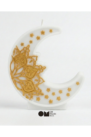 Ramazan Temalı Dekoratif Mum Seti Ay Yıldız Cami Figürlü El Yapımı Soya Wax Mum Altın - Beyaz