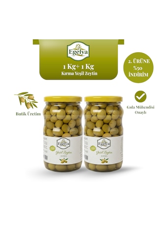 Egelya Akhisar Domat Kırma Yeşil Zeytin 1 Kg + 1 Kg Zeytin Paketi Düşük Acılık, Dengeli Tuzlu