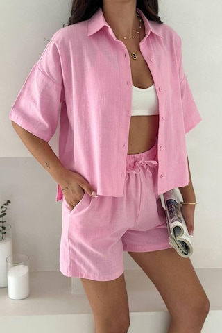 Kadın Açık Mavi Gömlek & Şort Takım Coastal Mood Pembe