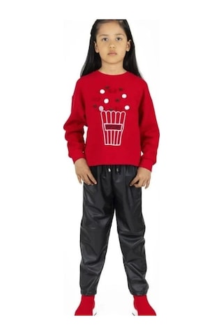 Kız Çocuk Popcorn Baskılı Sweatshirt-13493 Kırmızı