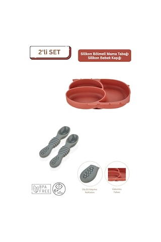 2'li Silikon Bebek Beslenme Seti / Bölmeli Mama Tabağı / Mama Kaşığı - Kiremit Rengi Kiremit