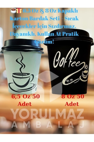 6,5 Oz & 8 Oz Kapaklı Karton Bardak Seti Sıcak İçecekler İçin Sızdırmaz, Dayanıklı, Kullan At Pratik Çözüm 50 6,5 Oz & 8 Oz Kapaklı Karton Bardak Seti Sıcak İçecekler İçin Sızdırmaz, Dayanıklı, Kullan At Pratik Çözüm 50