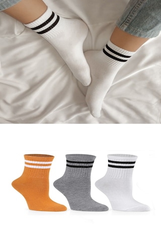 Ozzy Socks 3 Çift Çizgili Kolej Çorabı Sarı Gri Beyaz Pamuklu Tenis Çorabı Seti Karışık