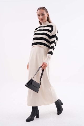 Kadın Triko Askılı Elbise Kazak İkili Takım Krem