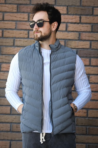 Faxy Cepli Dik Yaka Nova Parlak Kumaş Erkek Şişme Yelek Antrasit