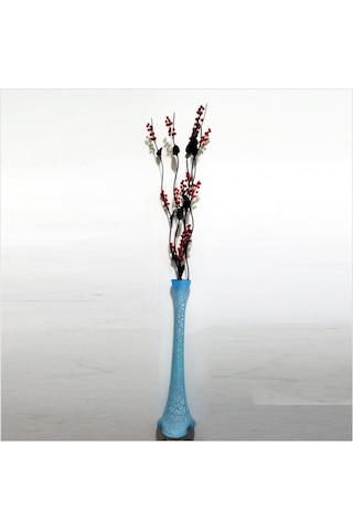 Uzun 15 Kırmızı Salkım Üzümlü 5 Siyah Dal Çatlatma Mavi Cam Vazo