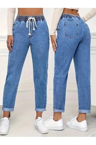 Efnaz Style Kadın Yüksek Bel Bağcıklı Kot Pantolon Mavi