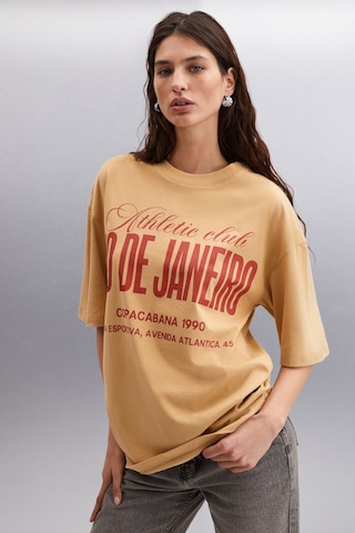 GRIMELANGE Malıka Kadın %100 Organik Pamuklu Şehir Tema Baskılı Oversize Bisiklet Yaka Bej T-shirt Bej