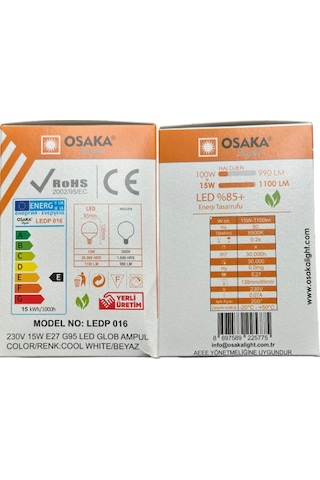 Osaka 15w 100w 6500k Beyaz Işık E27 Duylu G95 Led Glop Ampul 10 Adet