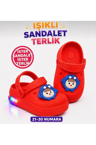 Papucumun Dünyası Çocuk Cross Eva Işıklı Hafif Günlük Havuz Kreş Kumsal Kullanışlı Terlik Kırmızı