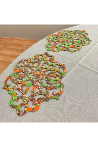 Uretti - Gülin 6449 - Ebru Sanatı İle Elde Yapılmış Lazer Kesim Keçe Supla 2li Takım 40cm - Kahverengi Çok Renkli