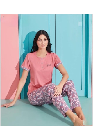 Pijamoni Kadın Viskoz Likralı Düğme Yaka Kaşkorse Patlı Kısa Kol Pijama Takımı 5520-2 / 1 Adet Pembe