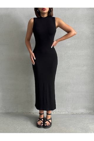 Kadın Yırtmaç Detaylı Kolsuz Soft Touch Esnek Elbise Siyah